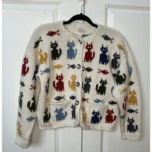 Vintage Las Americas Cat Cardigan Womens Knit Cat Lady Artsy Fish Cropped